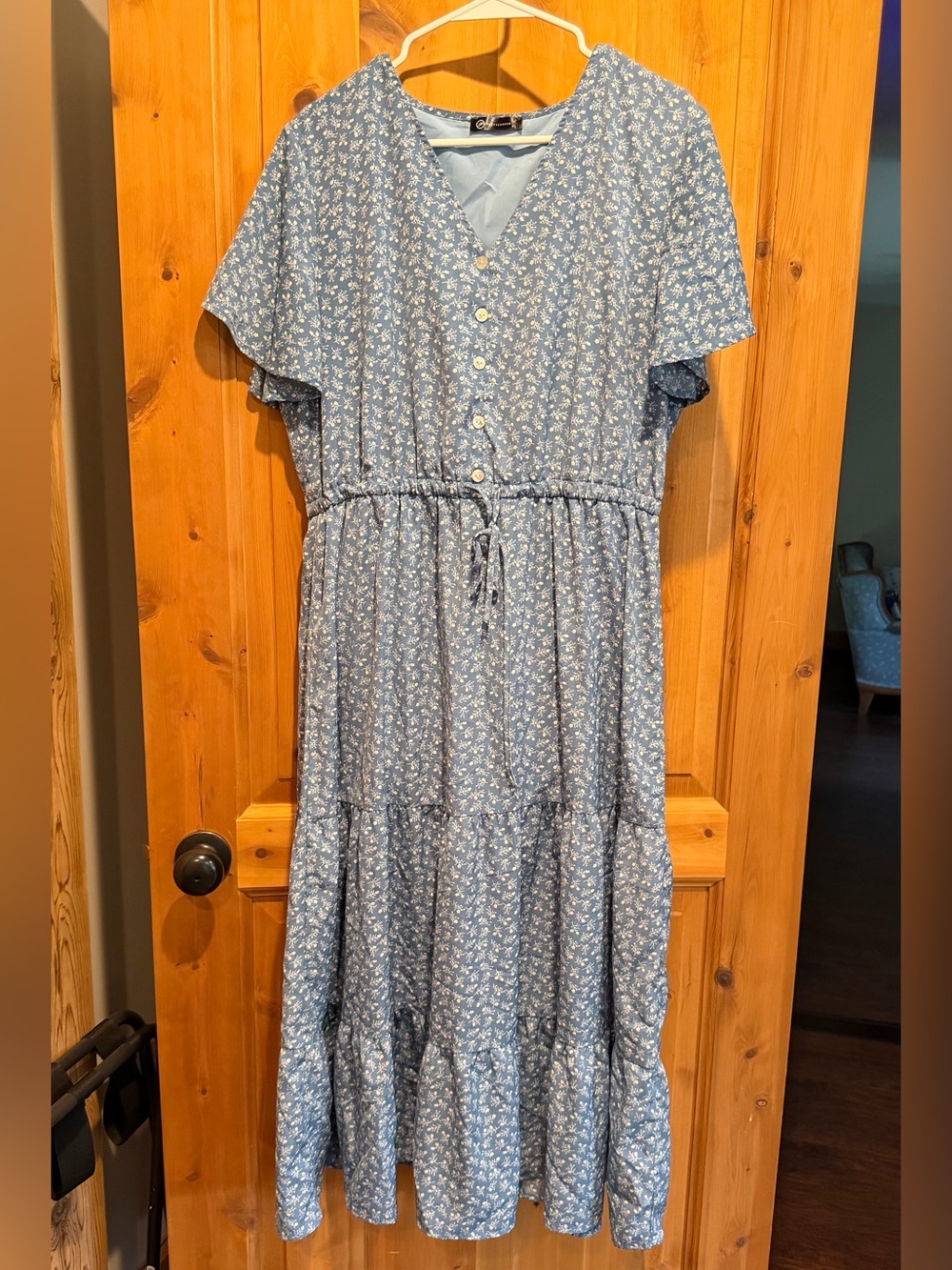 Dark Blue Floral Maxi Dress with Button Front - XL